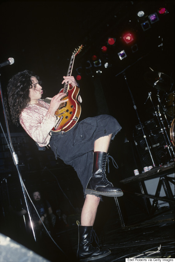 NEW YORK - 19th JANUARY: Guitarist Chris Cornell of Soundgarden performs live on stage at the Ritz in New York City on January 19,1990. Cans of Budweiser beer are visible on the drum riser behind. (Photo by Ebet Roberts/Redferns)